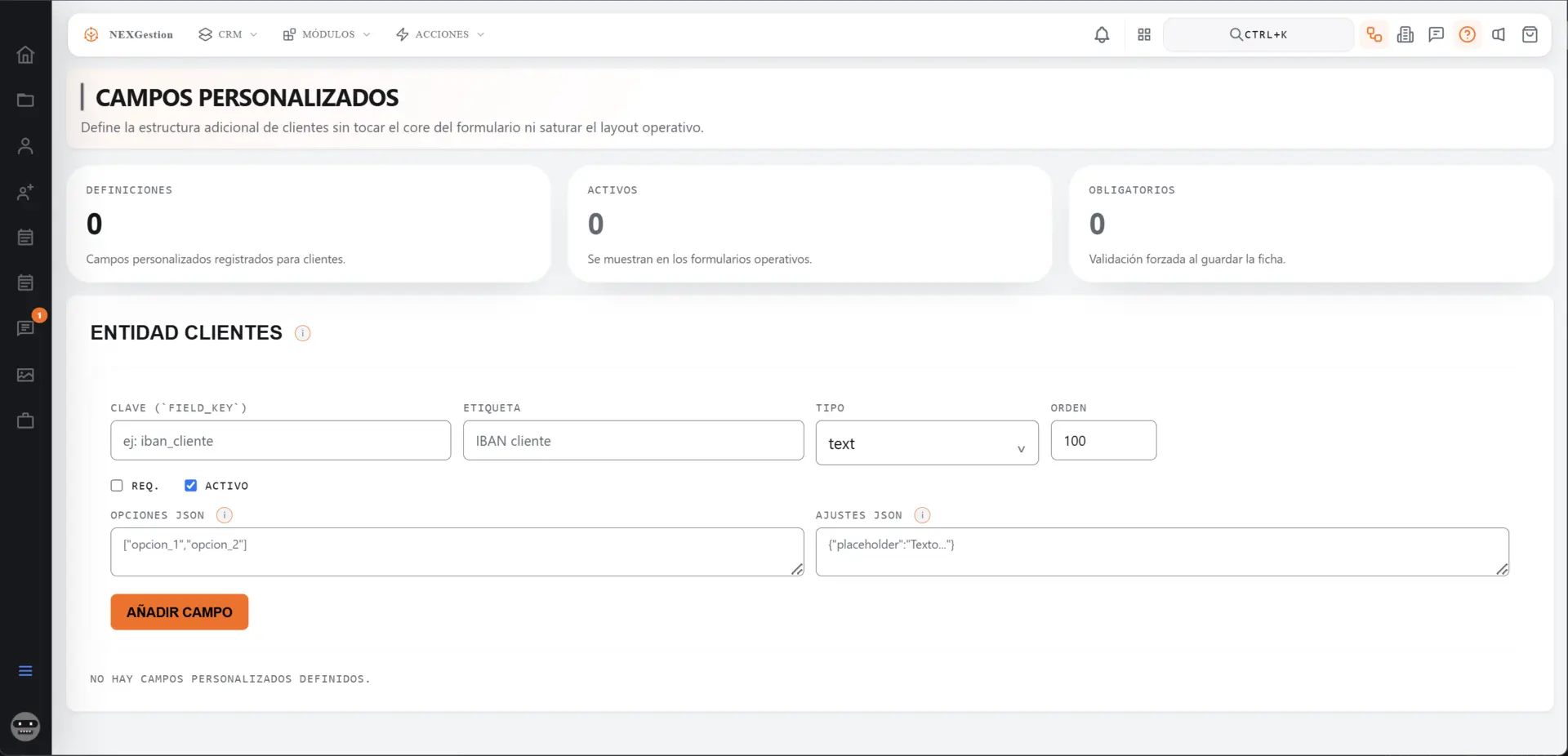 Configuración de campos personalizados para la entidad Clientes