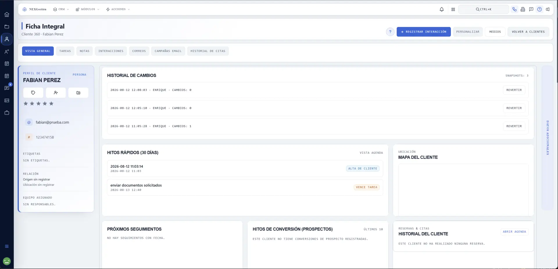 Ficha Integral de un cliente con historial, hitos y contexto de relación