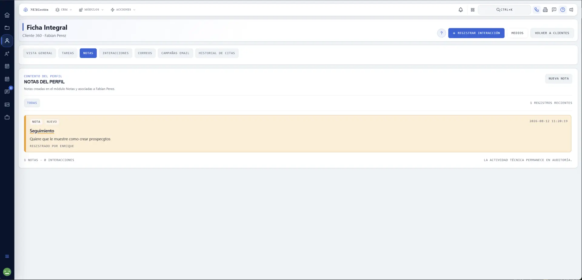 Notas asociadas al perfil del cliente