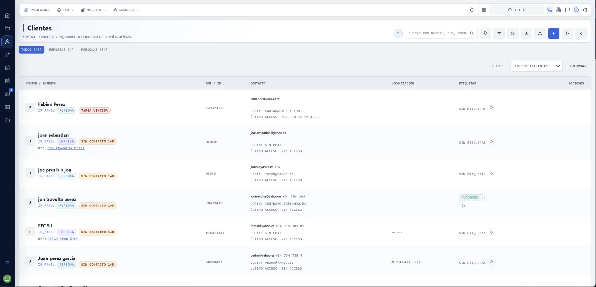 Listado de clientes con búsqueda, filtros, segmentos y columnas operativas