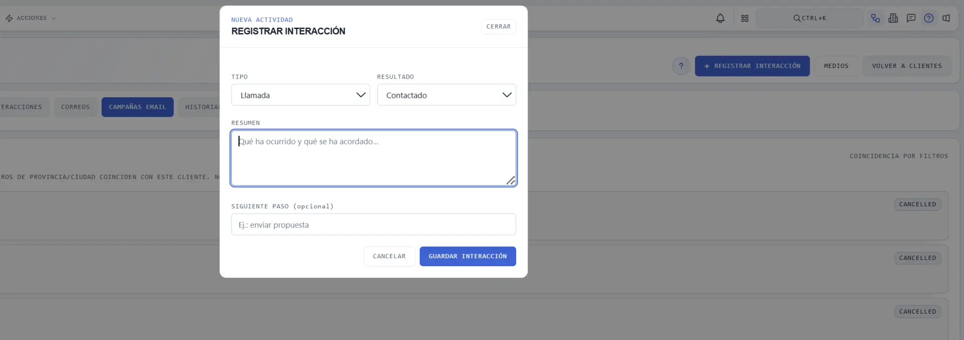 Formulario para registrar una nueva interacción