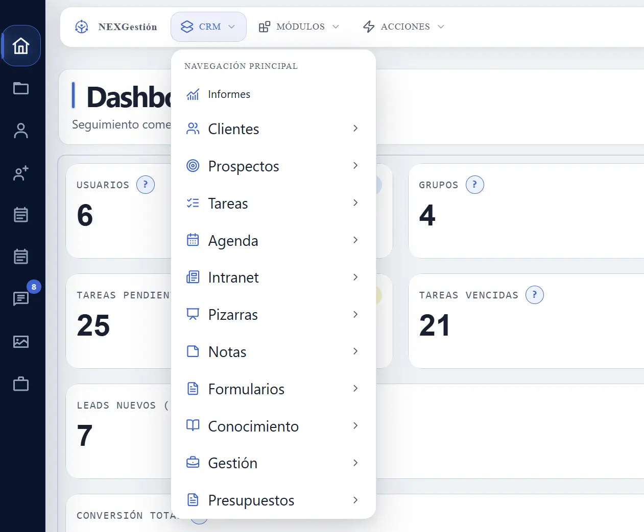 Menú CRM con la navegación principal