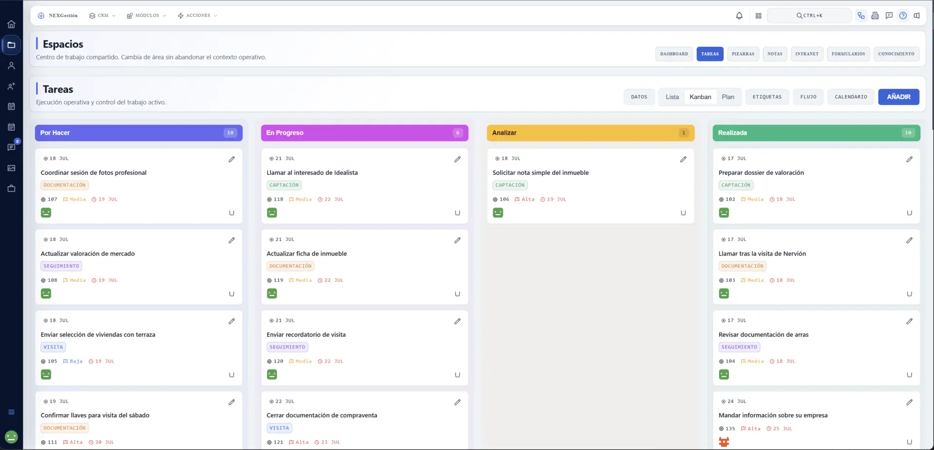 Tareas en vista Kanban